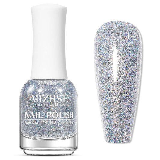 MIZHSE Quick Dry Glitter Nail Polish, Siver Rainbow Nail Polish Air Dry Fast, 15ml High Glossy Sparkly Shiny Shimmery Iridescent Silver Nail Art Salon Manicure Home-BrightBean Baby
