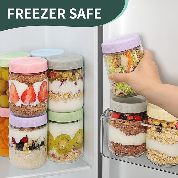 6-Pack 16oz Overnight Oats Containers with Airtight Lids - Glass Mason Jars with Measurement Marks for Yogurt, Meal Prep & Chia Pudding, Stackable & Leakproof