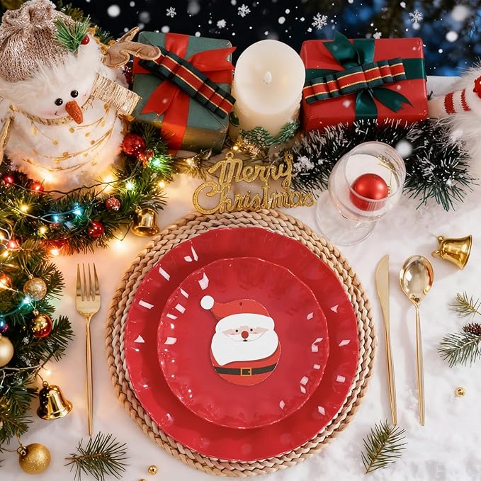 LIYH 50 Pcs Red Plastic Plates Reusable Christmas Plastic Plates Unbreakable Holiday Dinnerware Set Scalloped Plate for Christmas Day,Dishwasher Safe BPA Free (25Guests)