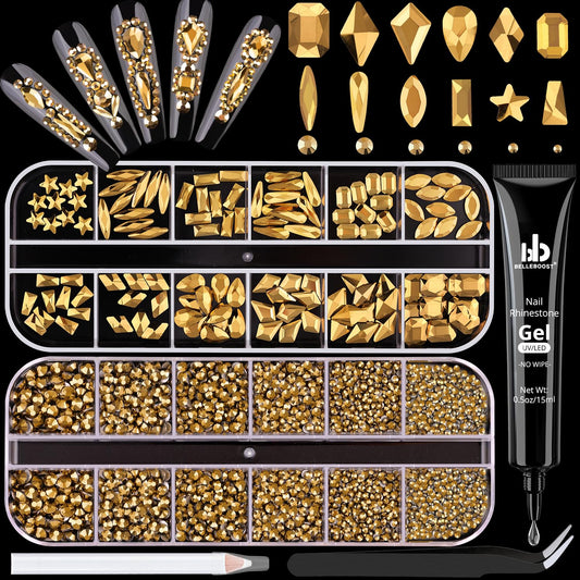 3220Pcs Mineral Gold Glass Nail Rhinestones 120Pcs Multi Shapes Flatback Nail Gems + 3100Pcs 1.5-4mm Round Crystal with Rhinestones Glue Gel, Manicure Nail Charms Diamond Gemstone for Nail Art-BrightBean Baby