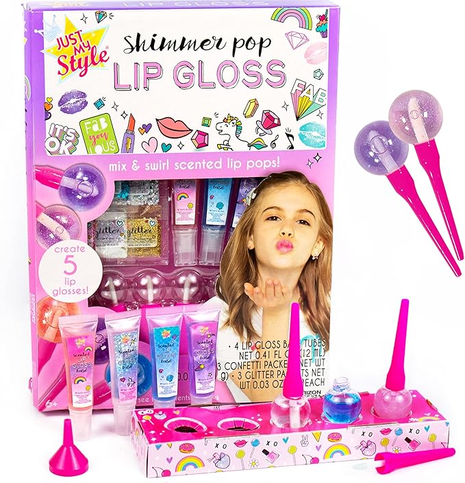 Just My Style Shimmer Pop Lip Gloss, Create 5 Lollipop-Shaped Lip Glosses, Includes Funnel, Empty Lip Gloss Containers, Sweet Lip Gloss Base, Body Glitter & More, DIY Lip Gloss, Multi (208316J)-BrightBean Baby
