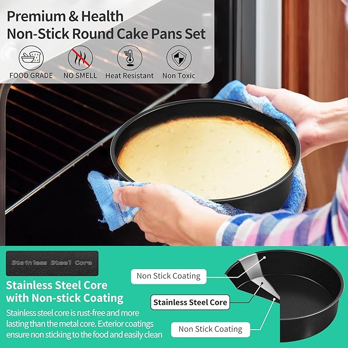 P&P CHEF 8 Inch Cake Pan Set of 3, Non-Stick Round Cake Pans Tins for Tier Smash Cakes, Baking Pans Set & Essential Bakeware, Stainless Steel Core & Leak-Proof