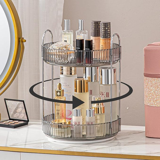 Rotating Makeup Organizer for Vanity, High-Capacity Skincare Clear Make Up Storage Perfume Organizers Cosmetic Dresser Organizer Countertop 360 Spinning (Gray, 2 Tier)-BrightBean Baby