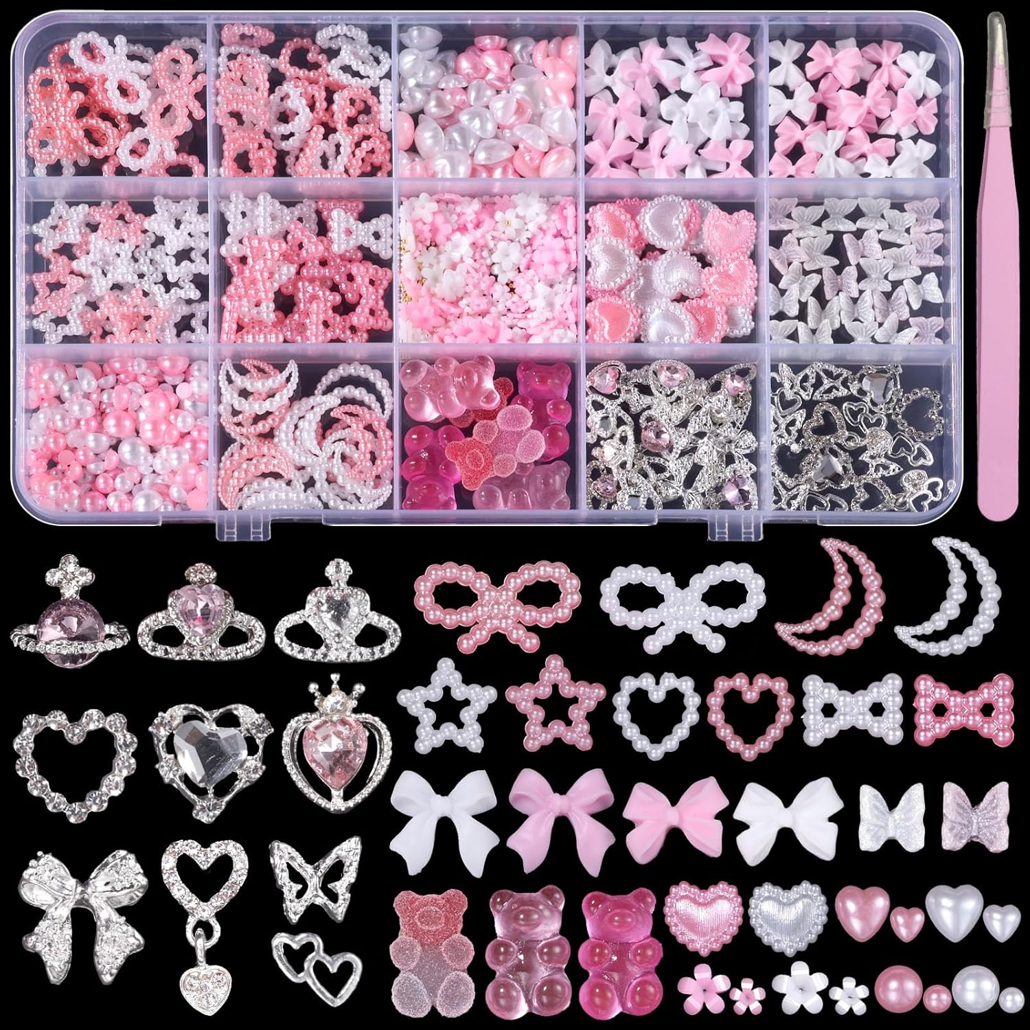 Silver Nail Gems Charms, 3D Pink Color Nail Art Charms, Acrylic Blossom Tiny Flowers Flatback Multi Styles Pearls Nail Charms Planet Heart Butterfly Nail Diamond Charms for Nails Manicure DIY Crafts-BrightBean Baby