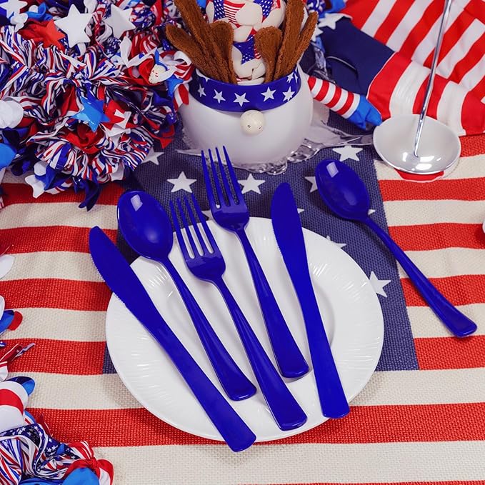 Liacere 100Pack Pre Rolled Blue Silverware and Napkin - Disposable Blue Plastic Utensils-Wrapped Plastic Cutlery Set with Napkin:100 Forks,100 Knives,100 Spoons,100 Napkins for Wedding&New Year