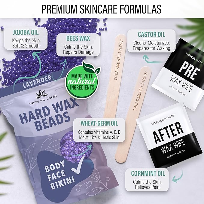 Tress Wellness Waxing Kit for Sensitive Skin – Safe for Face & Skin, Prep & Aftercare Spray, Easy to Use – At-Home Kit for Face, Bikini, Brazilian & Full Body – Black, No Display-BrightBean Baby