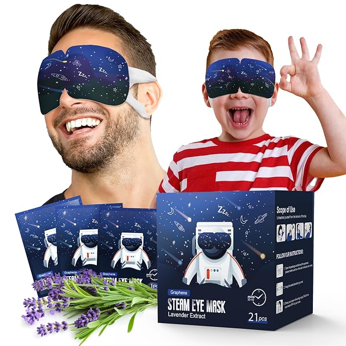 21 Packs Double Earloops Steam Eye Masks for Dry Eyes, Graphene Warm Eye Mask, Heated Eye Mask Reduce Puffiness & Dark Circles, Soothe Tired Eyes for Travel Essentials, Party Favors, Lavender-BrightBean Baby