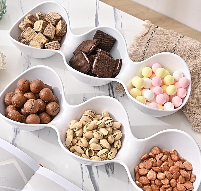 Blue Boat 2PC 14.5" x 5" Melamine 3-Section Divided Dishes, Stackable Serving Tray, 3 Compartment Appetizer Serving Tray, White Divided Serving Dishes, for Snack, Food, Serving Platter Set of 2