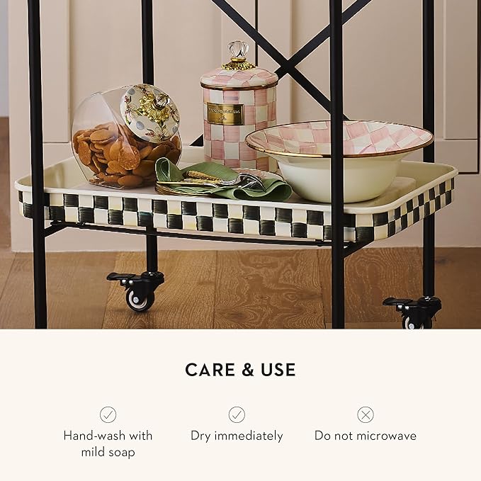 MACKENZIE-CHILDS Enamel Salad Serving Set, Enamel Bowl and Wooden Salad Servers, Decorative Kitchen Set, Pink-and-White Rosy Check