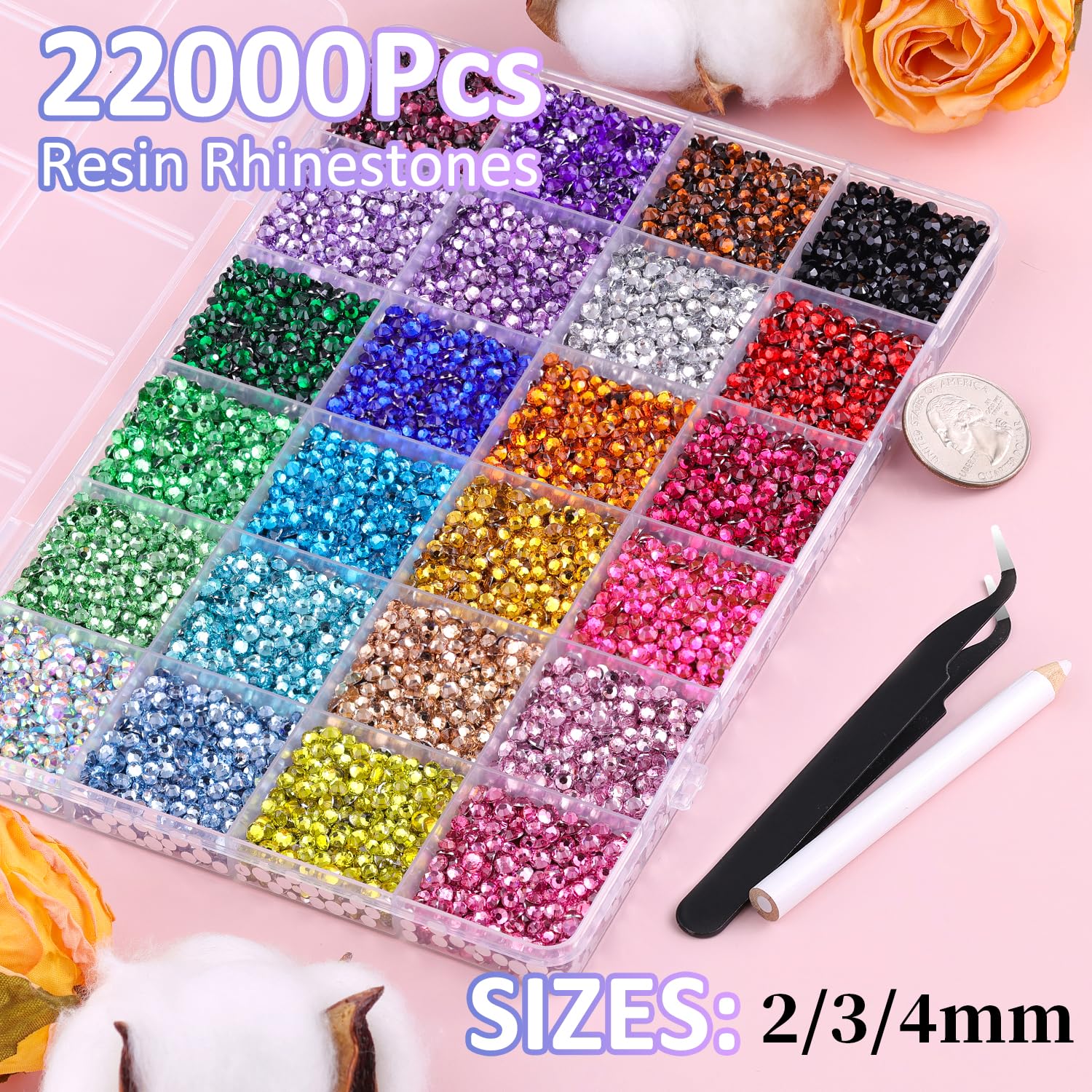22000Pcs Resin Rhinestones for Bedazzling with Tweezers, Multicolor 2/3/4mm Rhinestones for Crafting with 3Pcs 10ml B7000 Jewelry Glue for DIY Crafts Clothing Tumblers Shoes Fabric Nail Art-BrightBean Baby