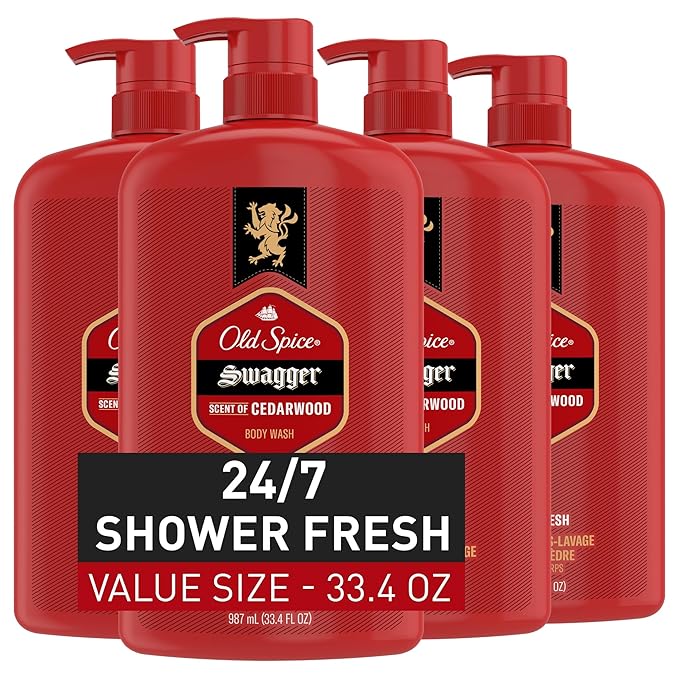 Old Spice Body Wash for Men, 24/7 Shower Fresh with Lasting Scent, Red Collection, Swagger with Cedarwood Scent, 33.4 fl oz (Pack of 4)-BrightBean Baby