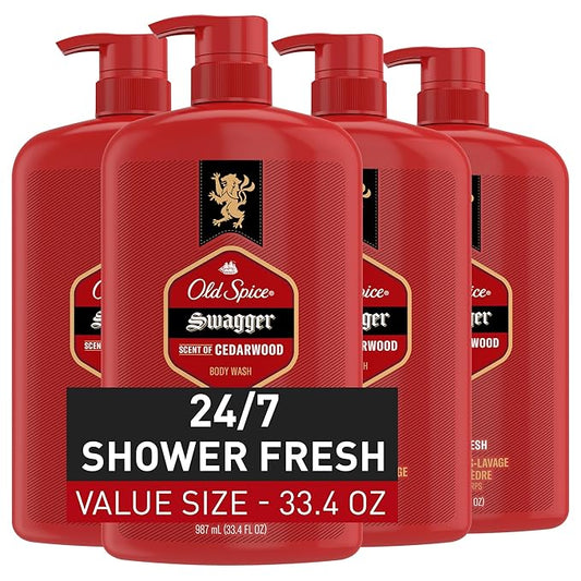 Old Spice Body Wash for Men, 24/7 Shower Fresh with Lasting Scent, Red Collection, Swagger with Cedarwood Scent, 33.4 fl oz (Pack of 4)-BrightBean Baby