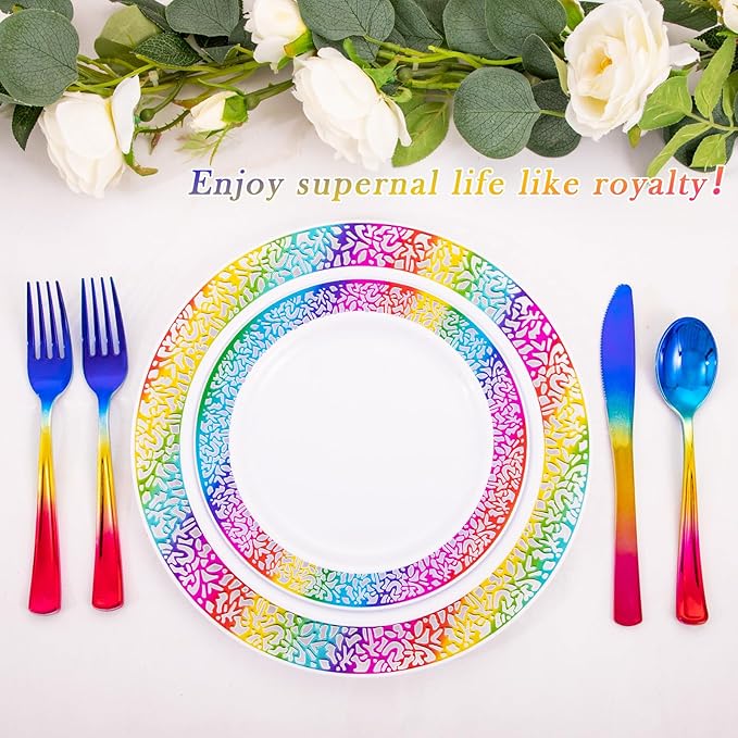 Supernal 120pcs Rainbow Plastic Silverware Set Colorful Party Utensils Blue Pink Gold Plastic Silverware Include 40 Rainbow Forks, 40 Gold Knives and 40 Blue Spoons for Trolls Party
