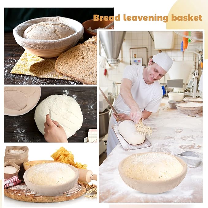 Set of 6 Bread Proofing Basket Round Bread Banneton Sourdough Bread Kit with Cloth Liner Plastic Scraper Dough Proofing Bowls for Home Sourdough Bakers Bread Making Supplies (9 Inch)