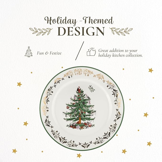 Spode Christmas Tree 12" Gold Round Serving Platter - Porcelain Serving Plate for Holiday Snacks, Appetizers, Buffet Displays - Microwave & Dishwasher Safe - Elegant Holiday Tableware