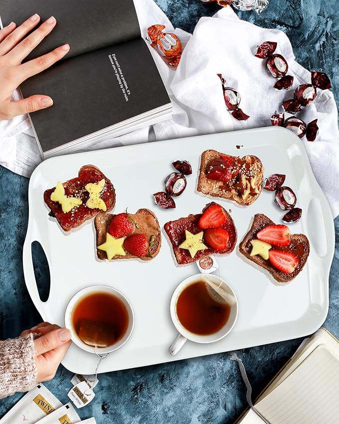 Large Melamine Serving Tray with Handles, 17.5 x 12 in Rectangular Melamine Serving Platter, Dishwasher Safe Trays for Eating, Appetizer, Charcuterie, Snack, Fruit, Desserts, Set of 2, White