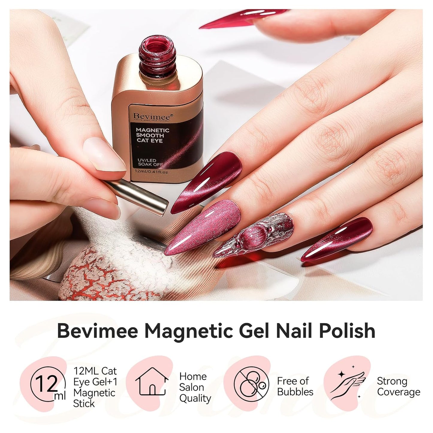 Cat Eye Gel Nail Polish, Burgundy Red Glitter Magnetic Gel Polish Moonlight, Cateye Gel Polish With Magnet Wine Red Holographic Shimmer UV Velvet Manicure Salon DIY Home, 12ML-BrightBean Baby