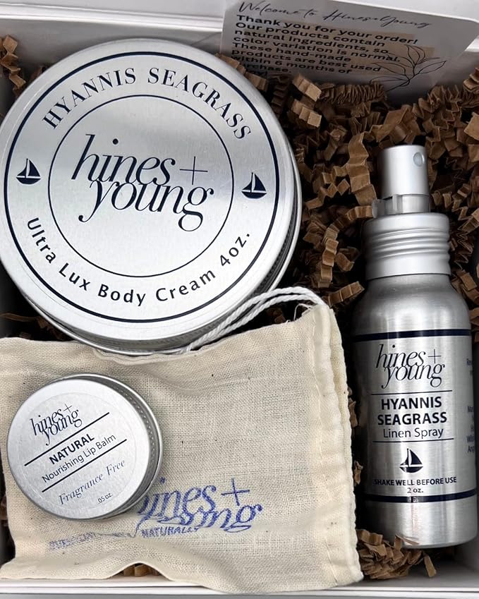Hines+Young Travel Tins Gift Set - 4 oz Body Cream, 2 oz Linen Spray, Natural Lip Balm - Skin Care and Refreshing Home Fragrance, Ideal Self-Care Gift Set (Pack of 3, Hyannis Seagrass)-BrightBean Baby