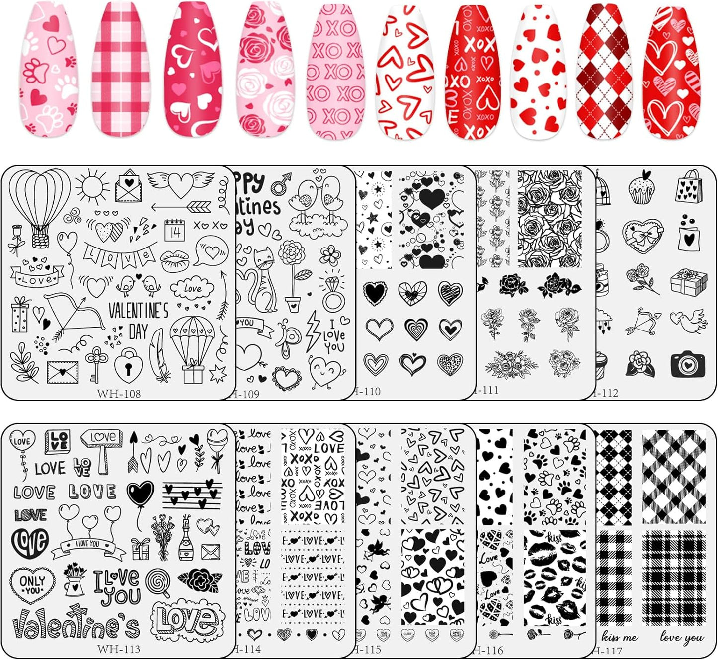 Whaline 10Pcs Valentine's Day Nail Art Stamping Plate Kit Romantic Love Heart Rose Design Nair Art Plate for Wedding Anniversary DIY Print Manicure Salon-BrightBean Baby