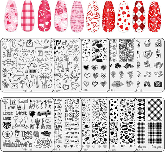 Whaline 10Pcs Valentine's Day Nail Art Stamping Plate Kit Romantic Love Heart Rose Design Nair Art Plate for Wedding Anniversary DIY Print Manicure Salon-BrightBean Baby