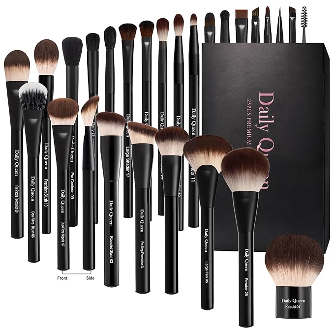 25 pcs Makeup Brush Set Holder Black Professional Kabuki Powder Concealers Eye shadows Blush Eyeliner Eyebrow Contour Eye blending Brushes (25pcs brush with box)-BrightBean Baby