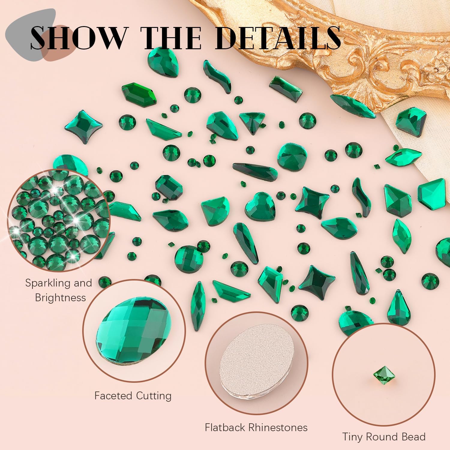 2750Pcs Emerald Green Glass Nail Rhinestones 240Pcs Multi Shapes Flatback Nail Gems + 2510Pcs 1.5-4mm Round Crystal, Manicure Nail Charms Diamond Gemstone for Acrylic Nails Decoration-BrightBean Baby