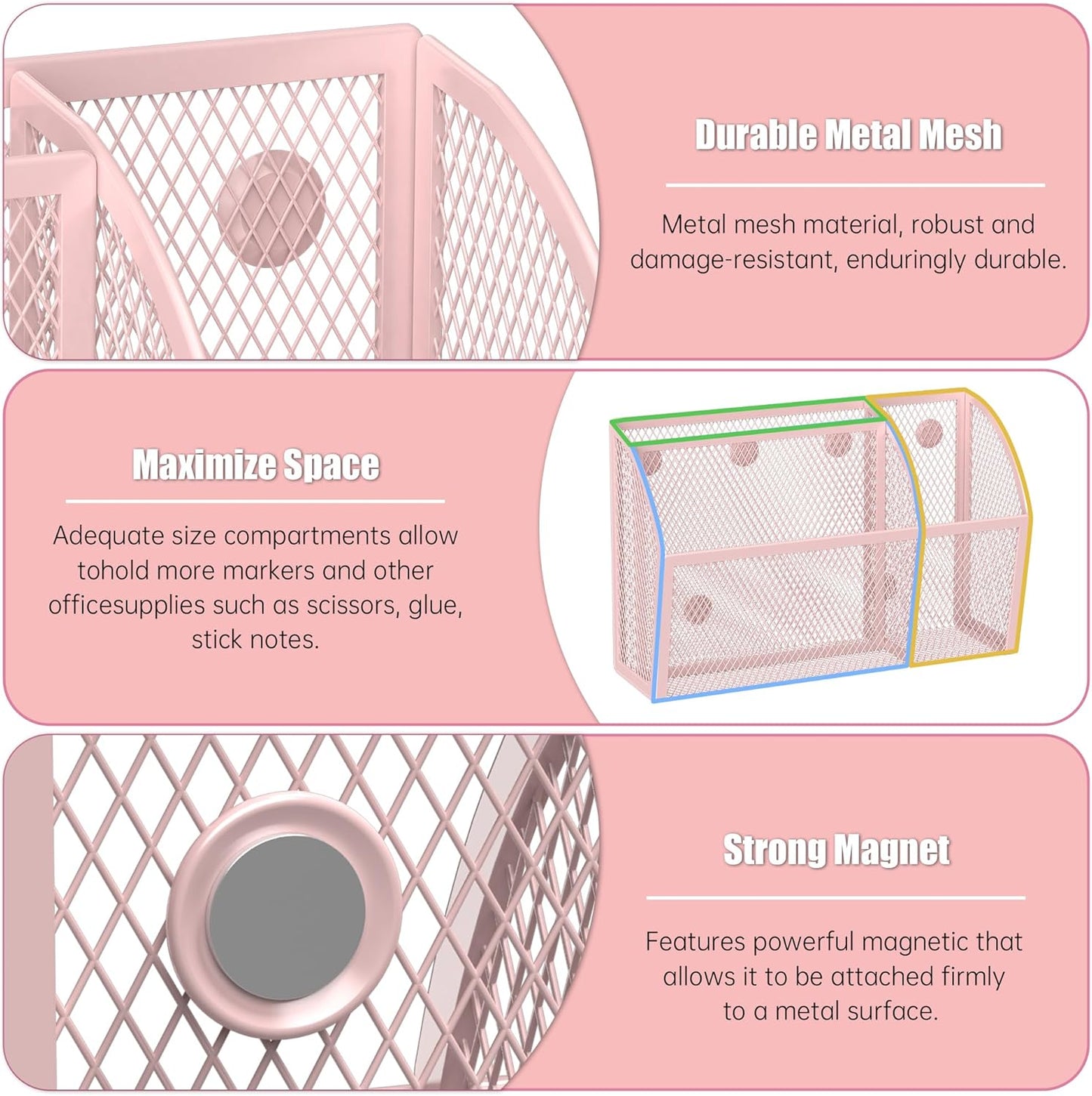 YINGHUA Strong Magnetic Pen Holder for Whiteboard and Refrigerator 3 Compartments Metal Mesh Organizer Space Saving Shelf for Office School Home and Locker - Pink-BrightBean Baby