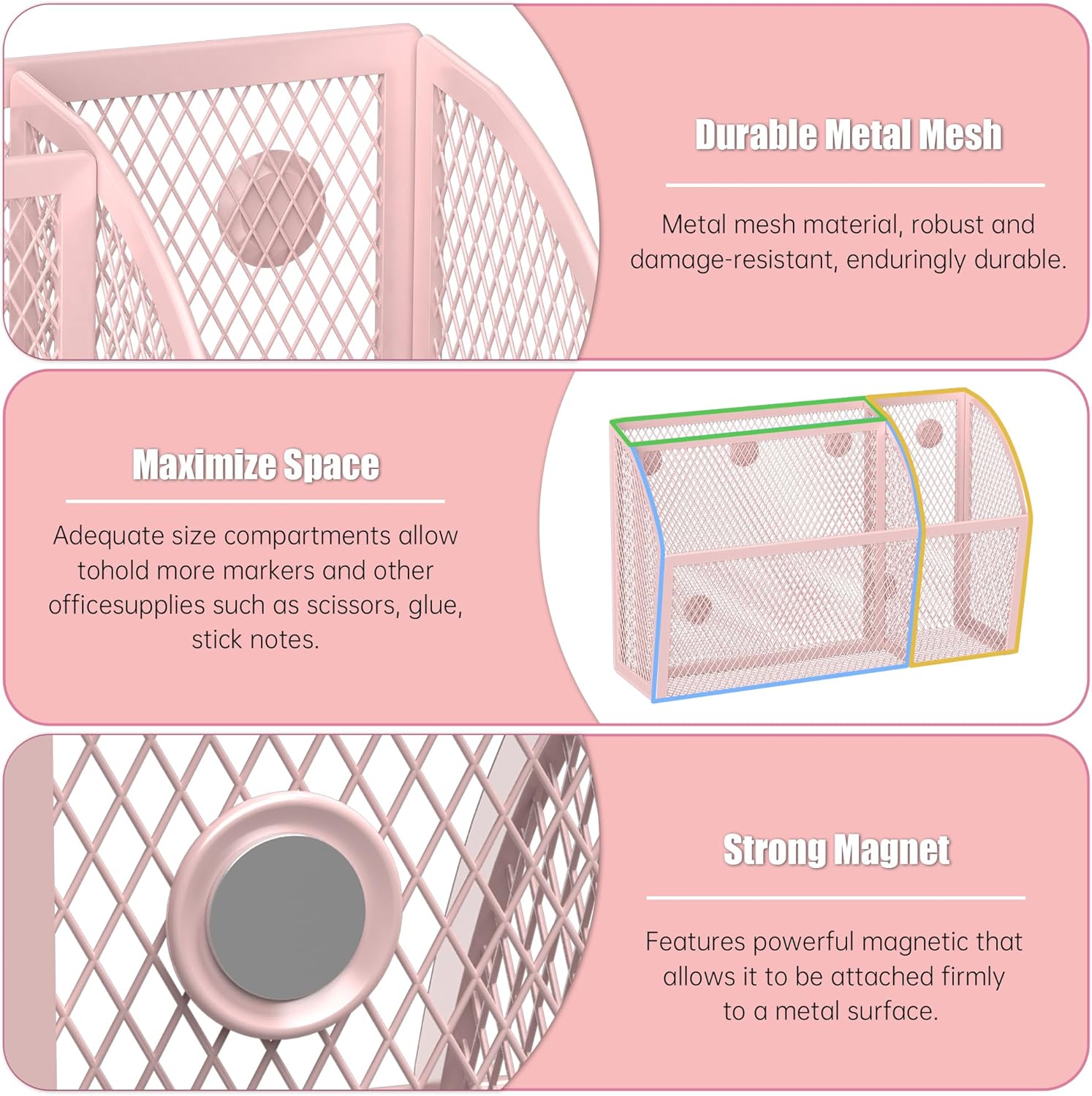 YINGHUA Strong Magnetic Pen Holder for Whiteboard and Refrigerator 3 Compartments Metal Mesh Organizer Space Saving Shelf for Office School Home and Locker - Pink-BrightBean Baby