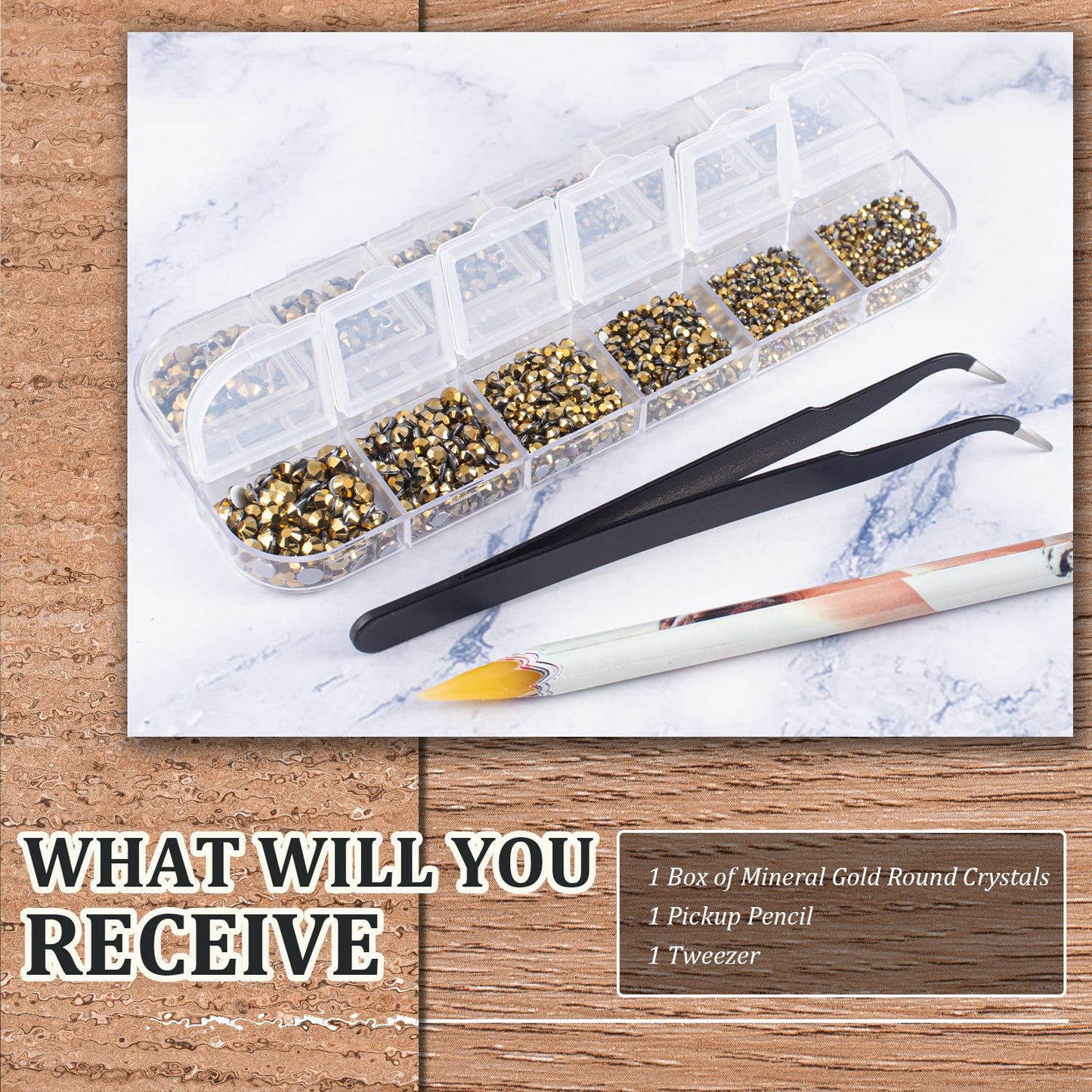 3600pcs Glass Mineral Gold Nail Rhinestones 6 Sizes(1.8/2/2.4/2.8/3/4mm) Flatback Crystal Nail Charms Jewels Decoration for Nail Art and Crafting, Tweezer and Pickup Pen included-BrightBean Baby