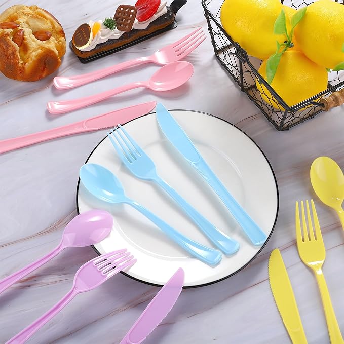 300 Pieces Pastel Plastic Silverware Heavy Duty Plastic Cutlery Set Heavyweight Disposable Utensils Includes Spoons Forks Knives for Birthday Wedding Dinner, Macaron Colors