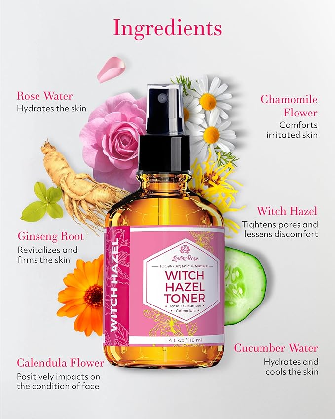 Witch Hazel Alcohol Free Toner by Leven Rose, 100% Pure Organic Facial Rose Water with Rose Petals, Calendula, Cucumber, and Chamomile Flower 4 oz-BrightBean Baby