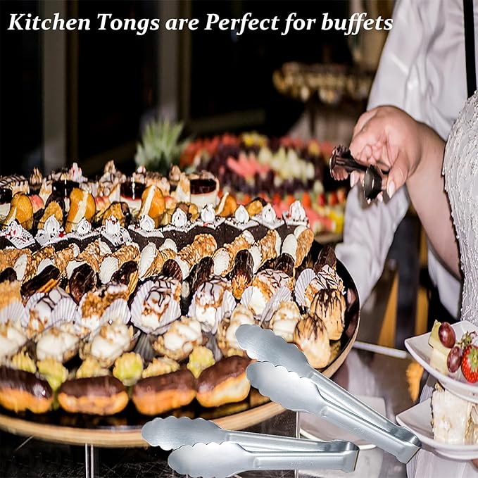 Sunenlyst Kitchen Tongs, 6Pcs Tongs Stainless Steel for Serving Food, Metal Tongs Small Tong for Buffet, Salad, Ice, Appetizer, Serving Utensils for Food (7Inch)