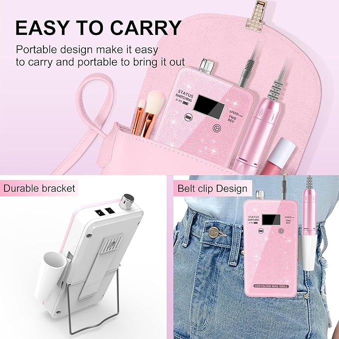 Professional Electric Nail Drill File:COSYGLOW Glitter Portable Cordless E-File Nail Drill Kit with 11 Drill Bits,30000 RPM Rechargeable Nail Drills Machine for Acrylic Nails Gel Polishing (Pink)-BrightBean Baby