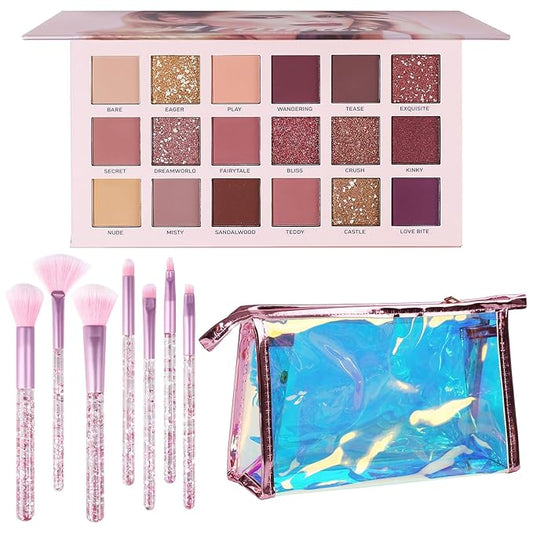 UCANBE Makeup Kit for Women & Teens,18 Colors Nude Eyeshadow +7pcs Soft Makeup Brushes + Pink Cosmetic Bag Makeup Sets, Shimmer Matte Glitter Makeup Palettes Set for Girls Beginners & Professional-BrightBean Baby