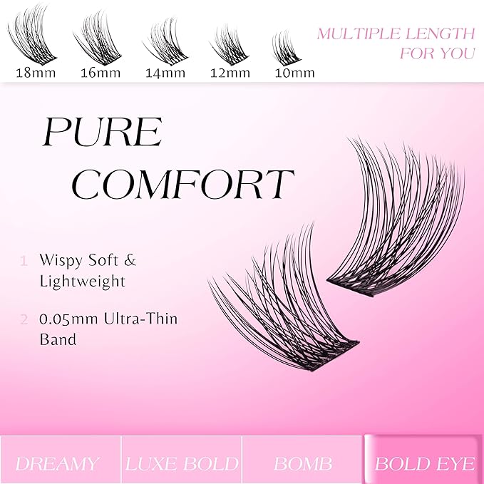 VEYESBEAUTY Lash Clusters Individual Eyelash Extensions Thin & Invisible Band DIY False Eyelashes for Self-application Newbie's Five-Second Series Wispy Lash Tray, Boldeye 12mm Single Length-BrightBean Baby
