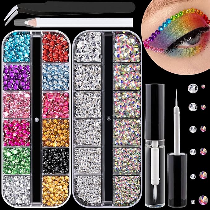 Flat Back Rhinestone Kits Colorful Rhinestones+Crystal AB&Transparent White Face Gems with Quick Dry Makeup Glue+Picker Pencil+Tweezer for Face Makeup and Nail Art-BrightBean Baby