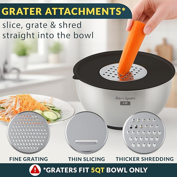 Baker's Signature Stainless Steel Mixing Bowls with Lids Set, 5 Sizes, 3 Graters, Non-Slip Base, Airtight Lids, Metal Mixing Bowls for Kitchen, Food Prep, Storage, 0.63QT-5QT, Black