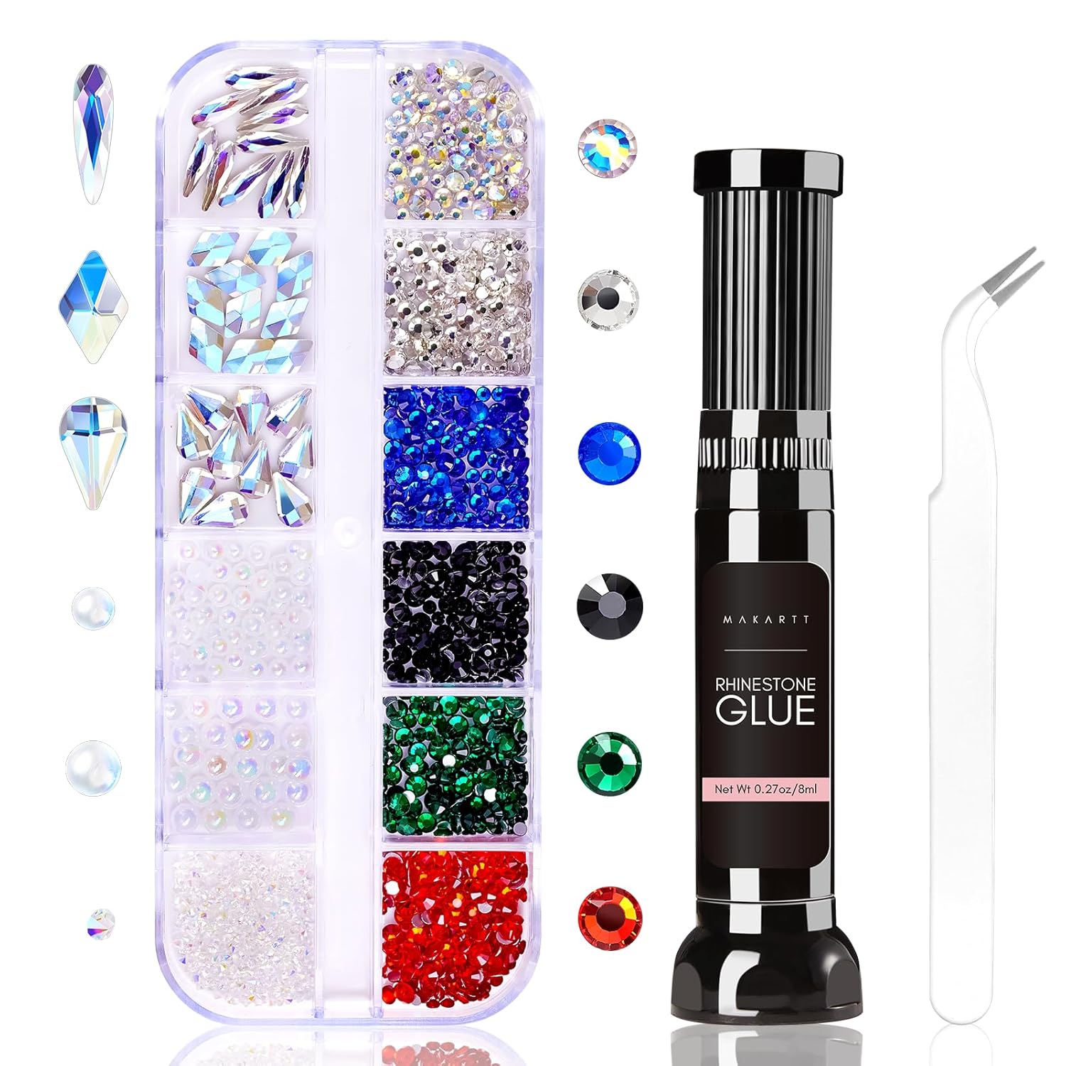 Makartt Rhinestone Glue Kit, 8ml Gel With Brush Pen Tip, Mixed Color Rhinestones, Pearls, Diamonds & Iridescent Crystals for Nail Art, DIY Home Decor, Christmas Design-BrightBean Baby
