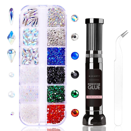 Makartt Rhinestone Glue Kit, 8ml Gel With Brush Pen Tip, Mixed Color Rhinestones, Pearls, Diamonds & Iridescent Crystals for Nail Art, DIY Home Decor, Christmas Design-BrightBean Baby