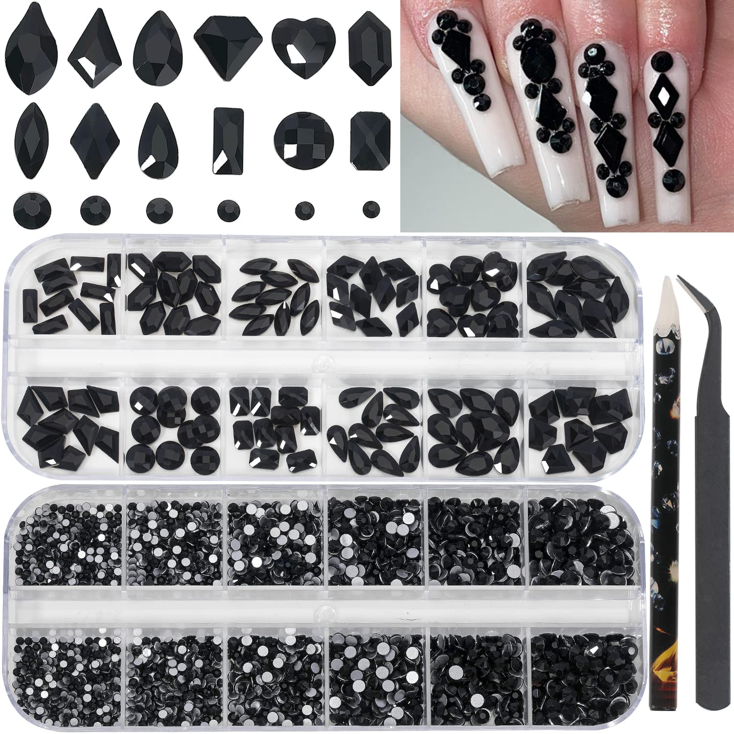 HNUIX Nail Rhinestones - 3D Multi Shape Size Crystal, Black Nail Gems, Flat Back, with Kit, for Nail Art, DIY Decorations-BrightBean Baby