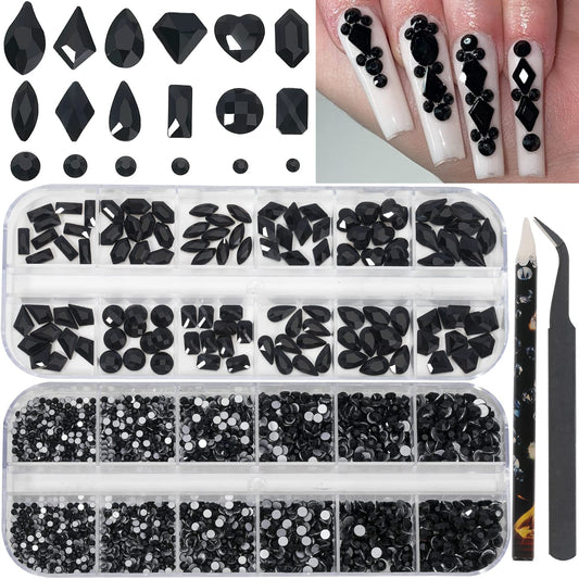 HNUIX Nail Rhinestones - 3D Multi Shape Size Crystal, Black Nail Gems, Flat Back, with Kit, for Nail Art, DIY Decorations-BrightBean Baby