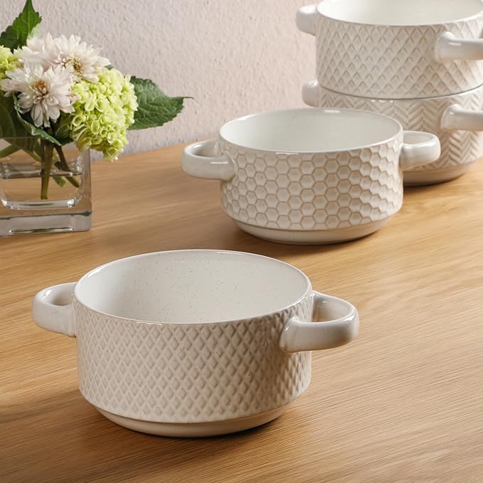 Gibson Elite Oyster Tide Embossed 6 Inch Soup Bowls with Handles. French Onion Soup Crocks, Stackable Soup Bowl, Chili, Beef Stew Reactive Glaze Stackable Ceramic Bowl, Set of 4, White
