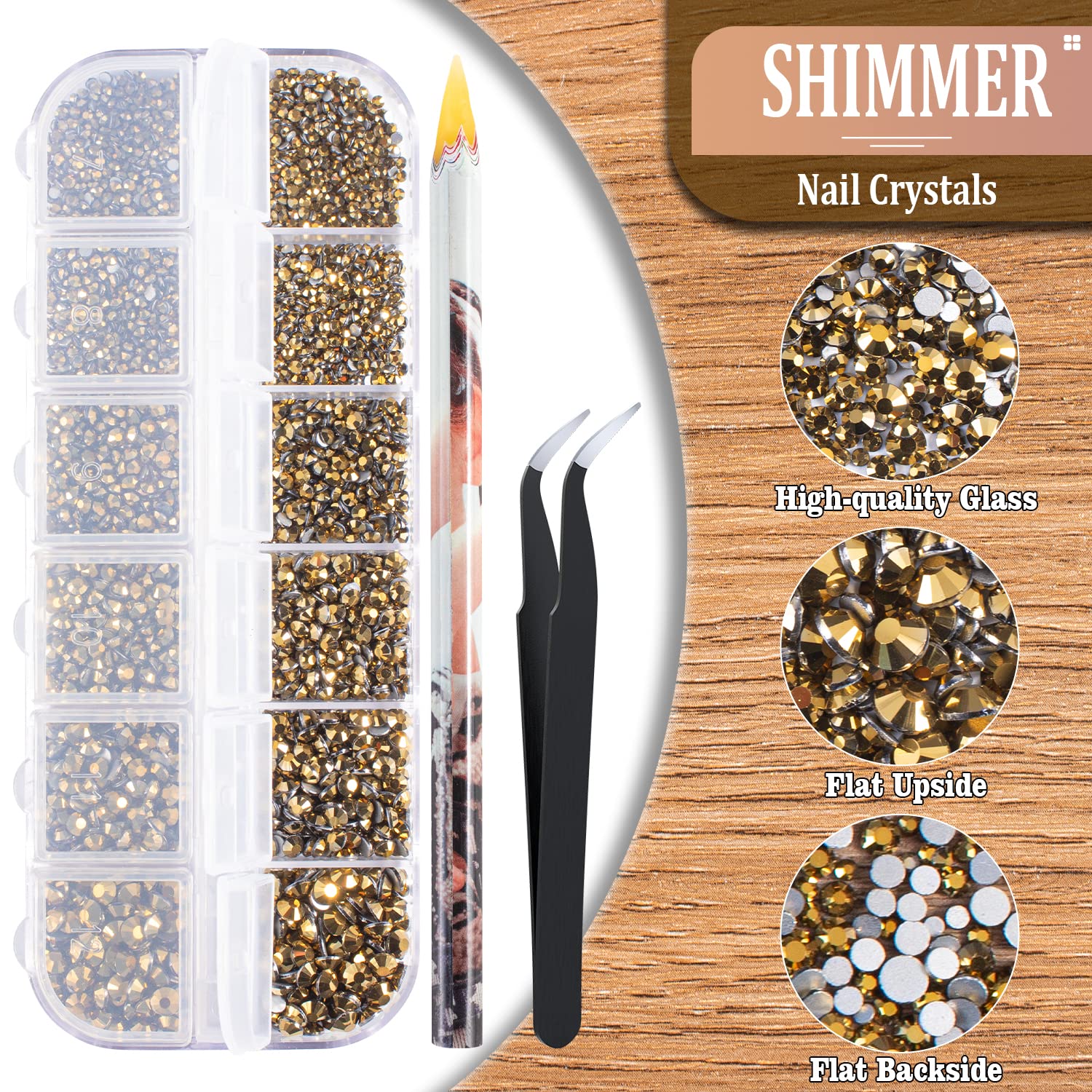 3600pcs Glass Mineral Gold Nail Rhinestones 6 Sizes(1.8/2/2.4/2.8/3/4mm) Flatback Crystal Nail Charms Jewels Decoration for Nail Art and Crafting, Tweezer and Pickup Pen included-BrightBean Baby