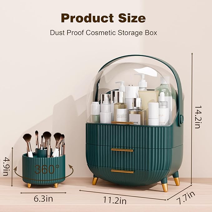 Makeup Organizers and Storage Make up Organizer for Vanity Cosmetics Skincare With Lid and Drawers Display Cases for Countertop Bathroom Women Teenager Girl Gifts(Dark Green+Brush Holder)-BrightBean Baby
