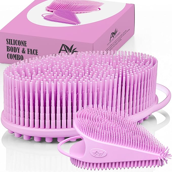 Avilana Silicone Body Scrubber – Gentle Shower Brush & Loofah Alternative- Food Grade & Lab Tested – Fast-Drying, Hygienic, BPA-Free Silicone Body Gentle Exfoliator (Pink, Body & Face)-BrightBean Baby