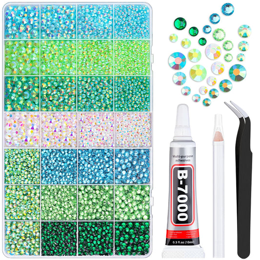20000Pcs Green Rhinestones for Bedazzling with 1Pcs B7000 Jewelry Glue, Resin Rhinestones for Crafting Crafts DIY, Bedazzler Kit Gems for Clothing Shoes Tumblers Nail Art Assorted Size 3/4/5/6mm-BrightBean Baby