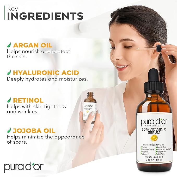 PURA D'OR 20% Vitamin C Serum 4 Oz - Lightweight Maximum Strength Formula - Retinol, Hyaluronic Acid, Ferulic Acid - Professional Grade Treatment For Face & Eyes, Wrinkles - Men & Women-BrightBean Baby