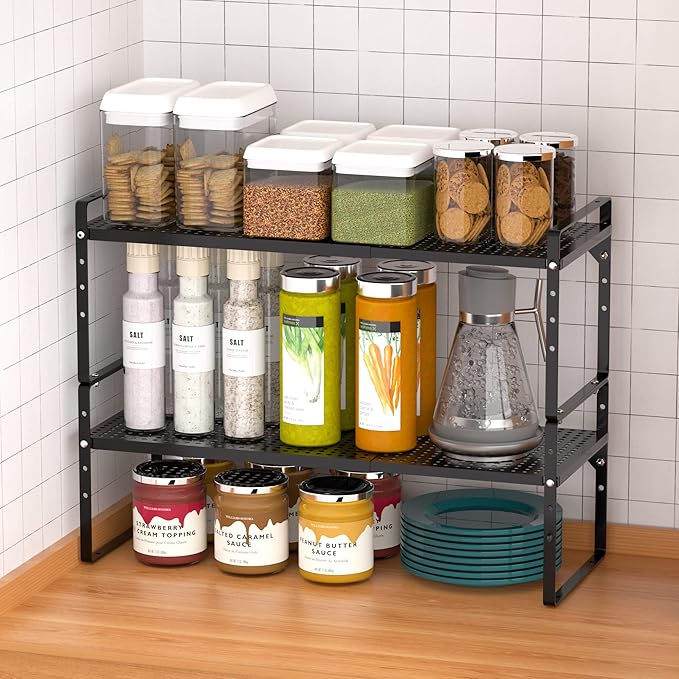 iPEGTOP Large Expandable Cabinet Storage Shelf Organizer Rack, Heavy Duty Stackable Steel Metal Spice Rack Adjustable Height Office Pantry Garage Shelves for Counter Kitchen, Black - 1 Pack