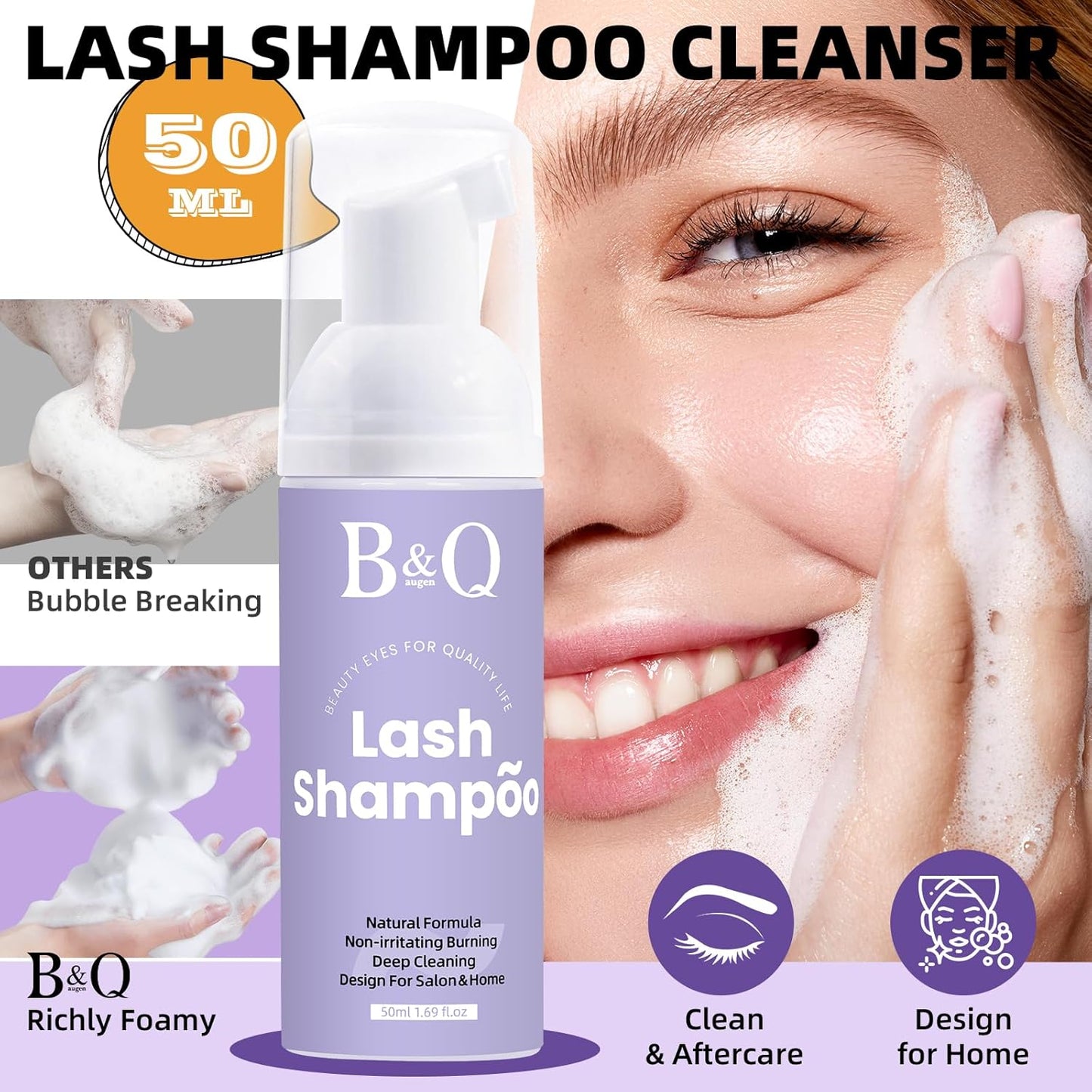 Lash Shampoo Kit Lash Cleaning Kit 50ML Lash Bath Kit Lash Wash for Eyelash Extensions Lash Remover Mascara Brush with Hairband Portable Eyelash Cleanser for Home Use (50ML Shampoo Kit)-BrightBean Baby