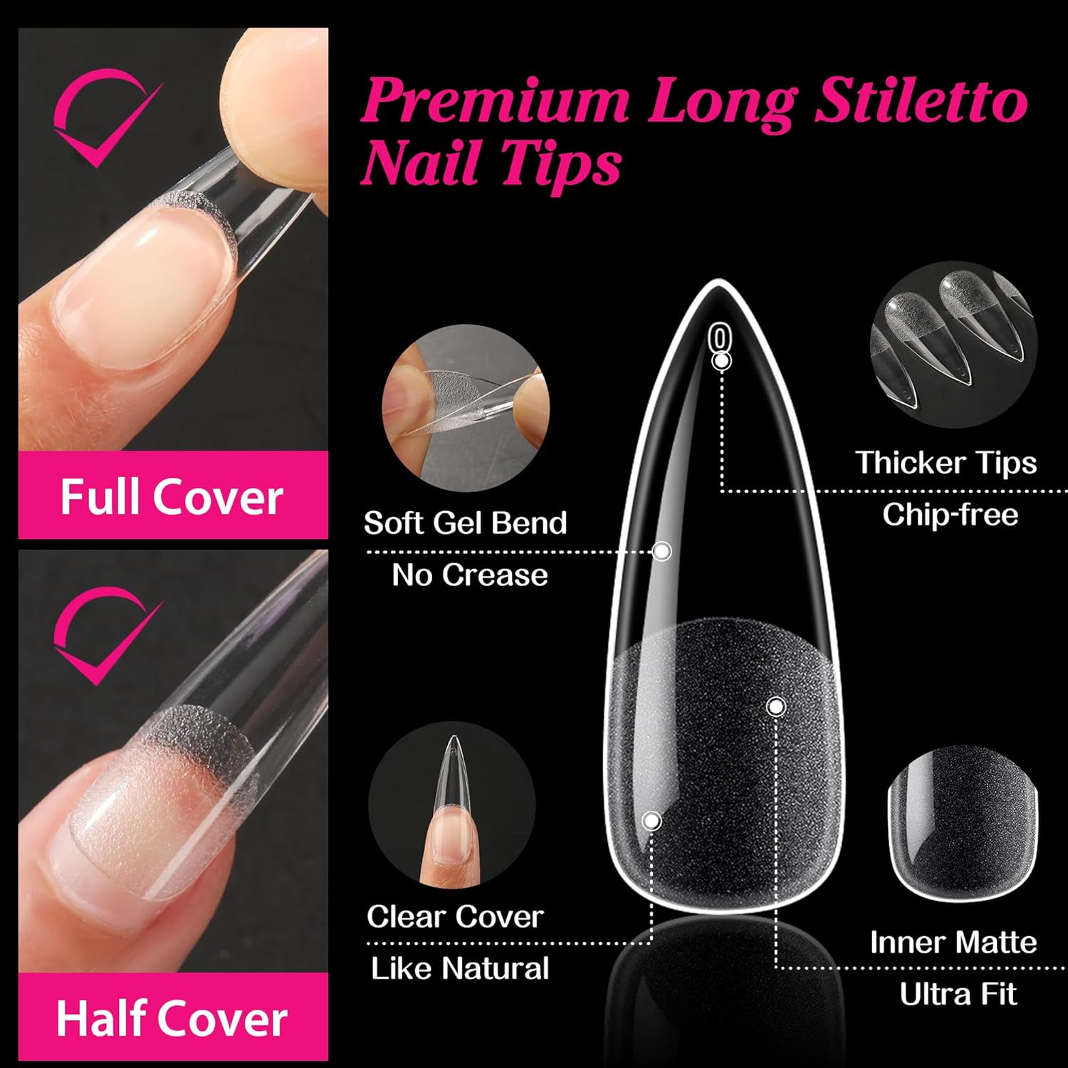 UNA GELLA Long Stiletto Gel Nail Tips Halloween Full Cover 504PCS Pre-shape Long Stiletto Almond Fake Clear Nails Tips No Need File Gel Tips No C Curve for Nail Extension DIY Art Salon 12 Sizes-BrightBean Baby